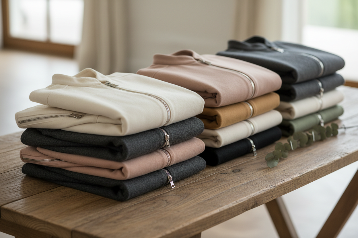 female folded jackets zipper on the wooden table 