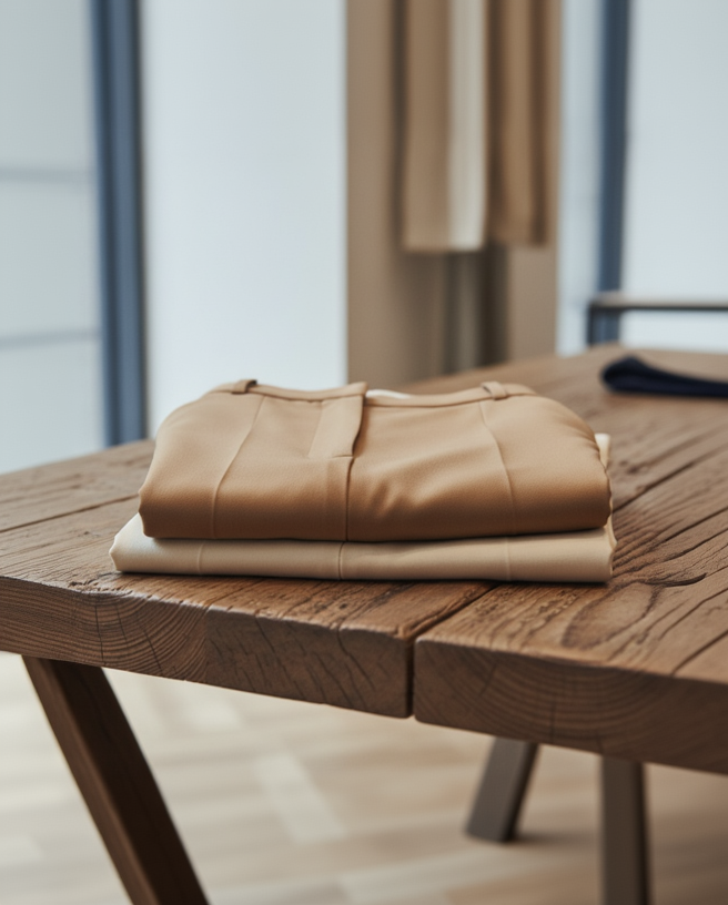 folded old money woman pants on the wooden table 